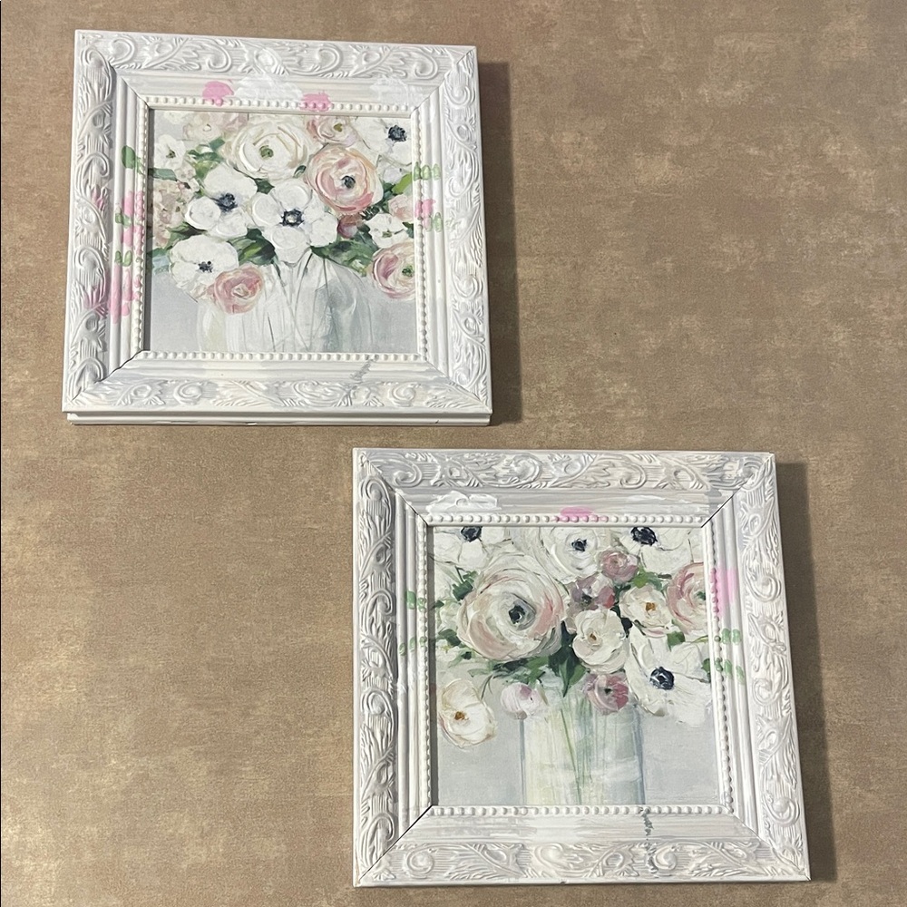 Floral Wall Art in White Frames, Pair 9x9